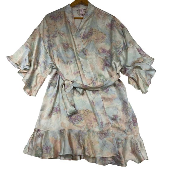 Victoria's Secret Other - Victorias Secret Watercolor Floral Flounce Satin Robe Size M L Blue Belted NWT
